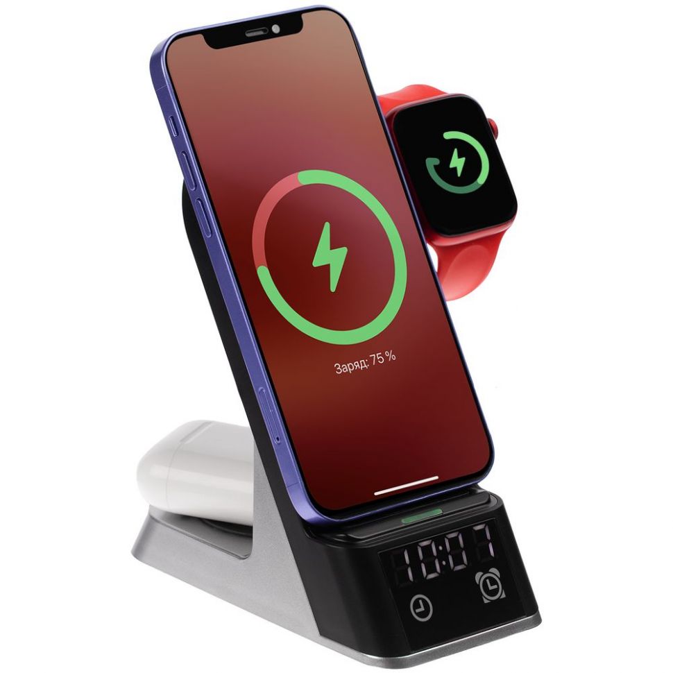 Зарядная станция c часами E-Store для смартфона, часов и наушников, черная фото 1 &mdash; MT Group